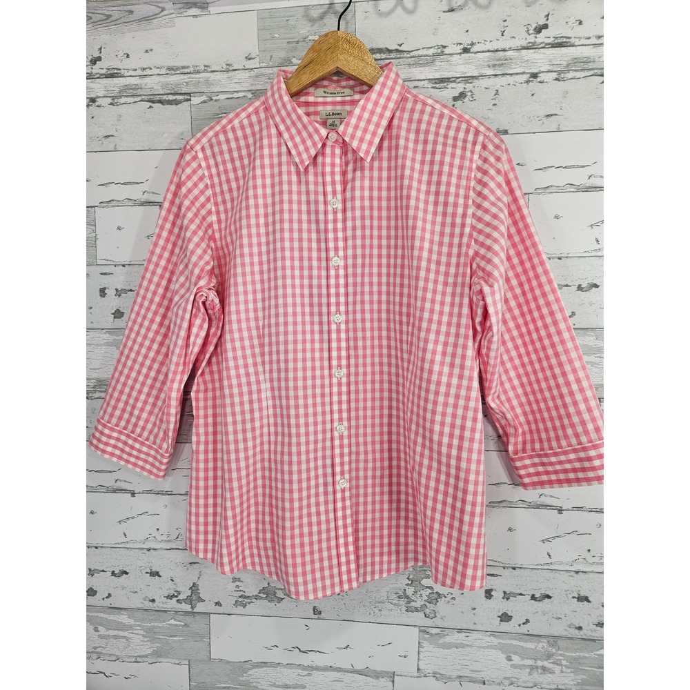 LL Bean Pink Gingham Wrinkle Free Cotton Button Down Shirt Womens Medium
